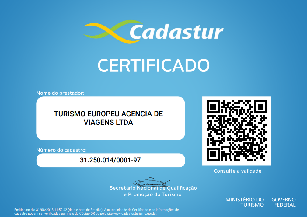Certificado Cadastur Turismo Europeu
